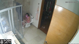 Fat American woman uses the toilet several times