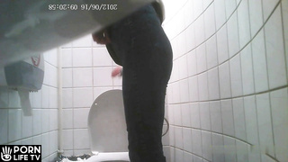 Cute student girls use toilet