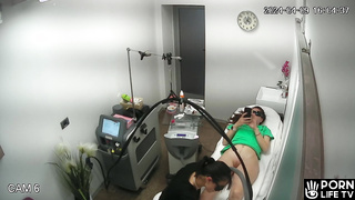 Sweet Ukrainian brunette slave shaving pussy in cosmetic salon