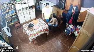 ﻿Poor Latin couple fucks in the kitchen