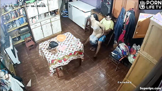 ﻿Poor Latin couple fucks in the kitchen