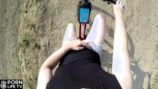 Naked and horny in public POV - Riding nude in nature, shaved body, masturbation until cumshot