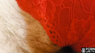 Red lingerie tease big natural boobs, cum dripping on hairy pussy