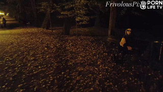 She flashing tits and undresses in a public park at night