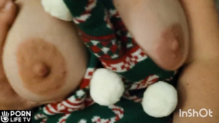 Santa gets help from his best elf. Leaves cumshot on her big natural boobs