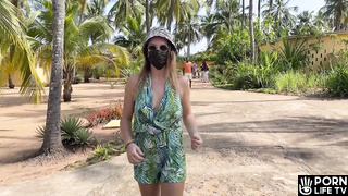 Wife walking and flashing big tits in public
