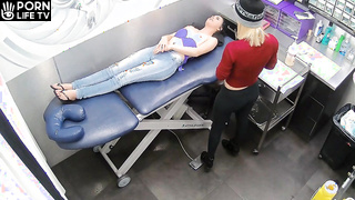 Blue-eyed American girl gets her nipples pierced