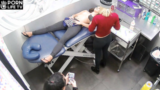 Blue-eyed American girl gets her nipples pierced