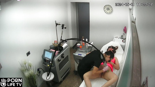 Perverse Australian brunette student girl waxing depilation in cosmetic salon