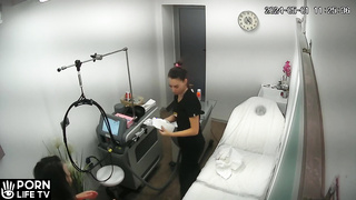 Perverse Australian brunette student girl waxing depilation in cosmetic salon